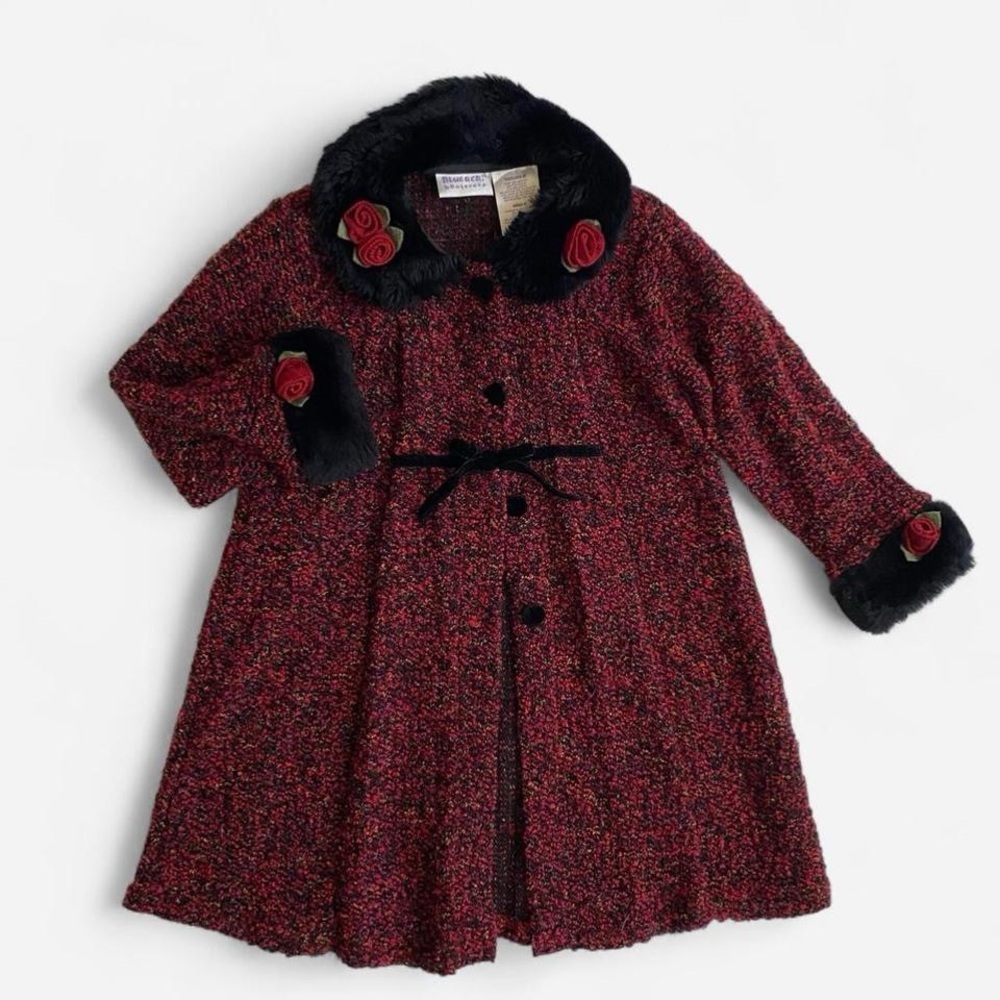 Blueberi Boulevard vintage Y2K girls long floral cardigan w/faux fur trim